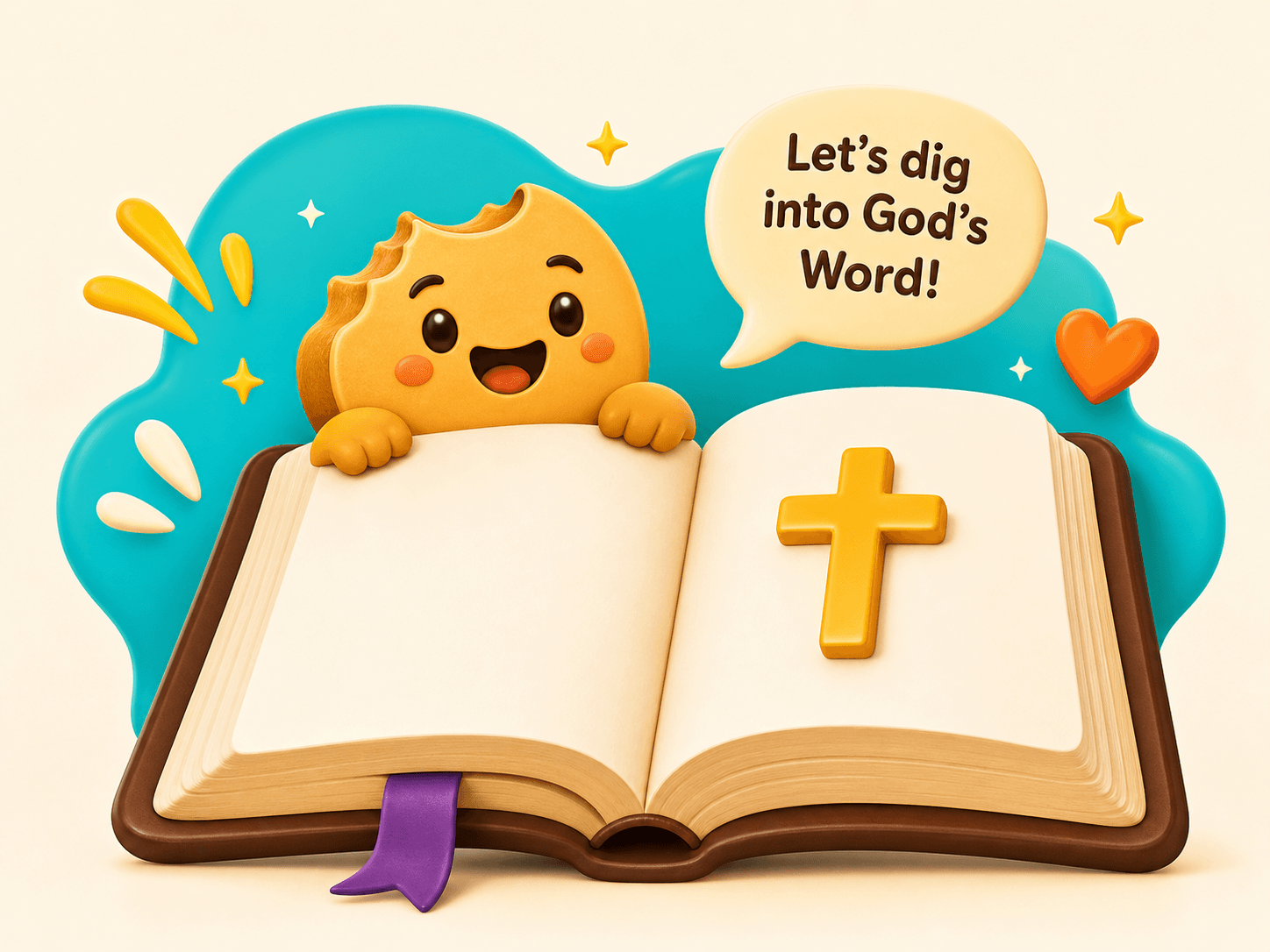 A cheerful bite character peeking over an open Bible with a gold cross and a speech bubble that says, Let’s dig into God’s Word!
